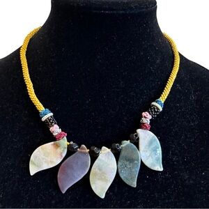 Jasper Necklace Green Gray Pink Natural Gemstone Leaves Hand Knotted Cord 19"